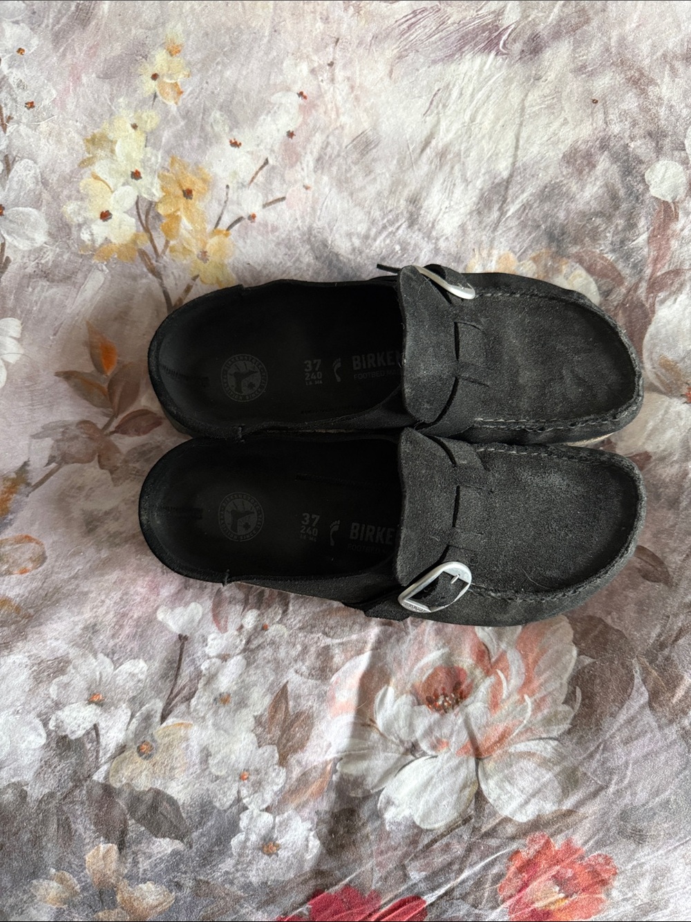 Birkenstock Kids Black Suede Moccasin Slip-Ons with Silver Buckle